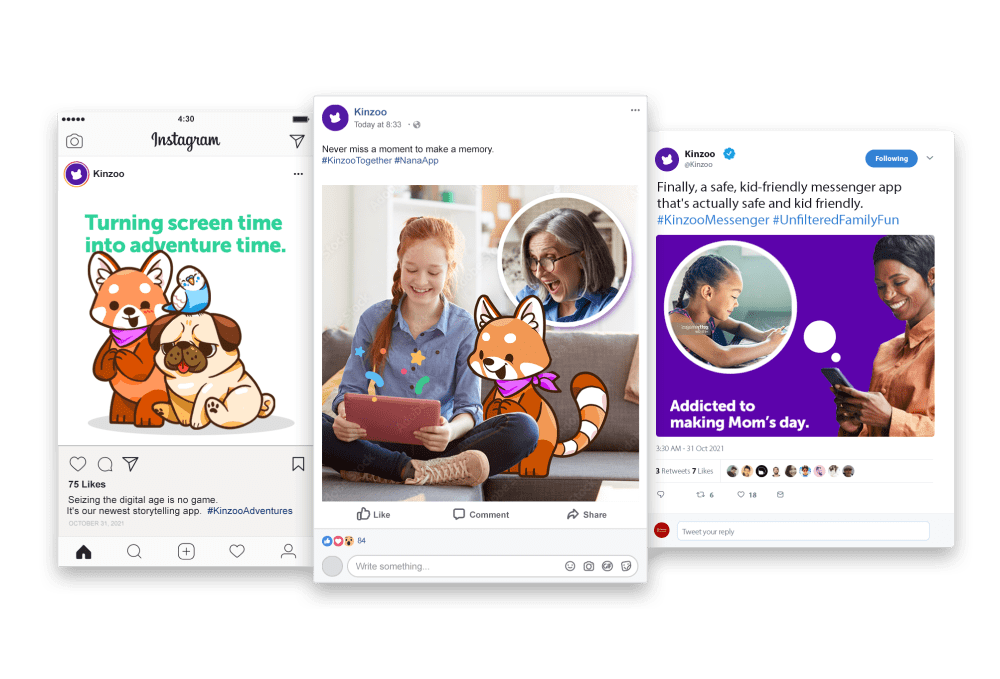 Three social media posts featuring the Kinzoo brand. Images show a red panda and dog cartoon, a mother and daughter video chatting, and family-focused messages promoting safe digital communication.