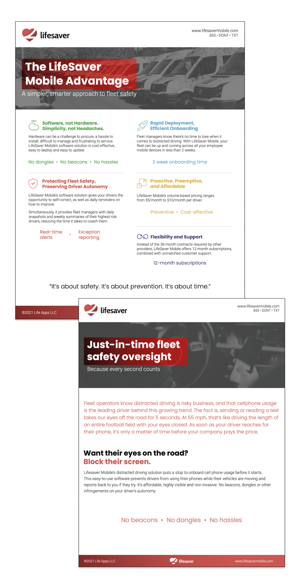 Two LifeSaver Mobile marketing flyers promoting fleet safety. The first flyer highlights the LifeSaver Mobile Advantage with benefits like rapid deployment, flexible subscriptions, and no hardware requirements. The second flyer emphasizes preventing distracted driving by blocking phone usage, using bold red and black text with supporting statistics about the dangers of cellphone use while driving.
