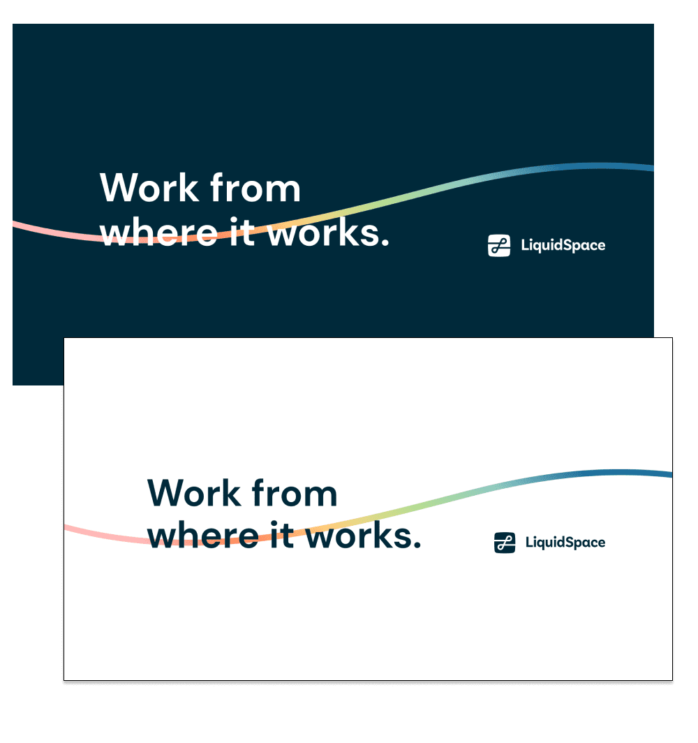 Two LiquidSpace branded wallpaper designs featuring the tagline Work from where it works, each with a colorful line motif on dark and light backgrounds.