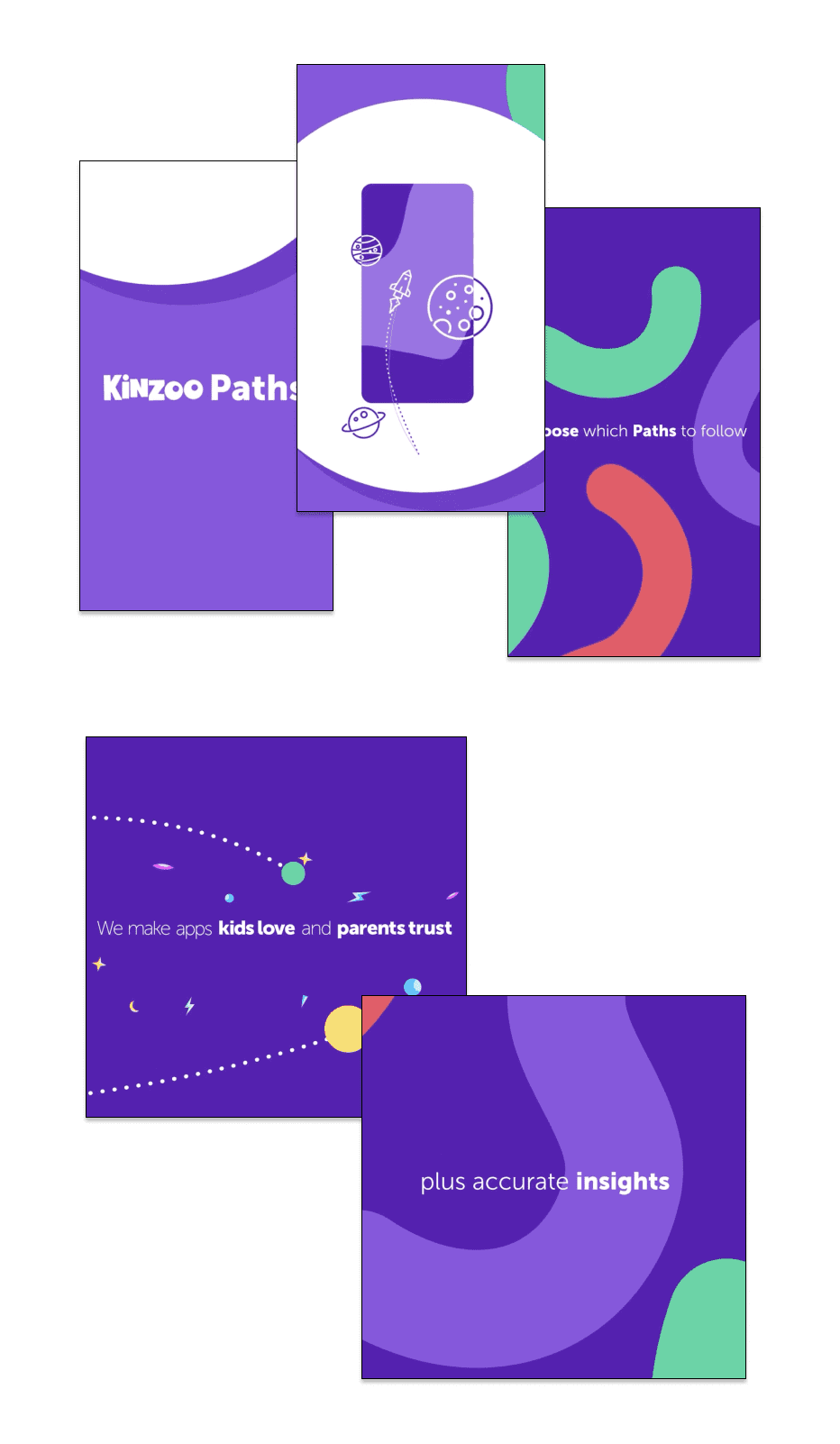 A collage of colorful Kinzoo Paths slides featuring playful graphics of a smartphone with space elements, wavy abstract shapes, and text about making apps kids love, parents trust, and providing accurate insights.