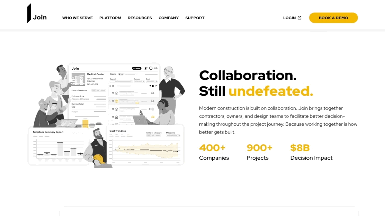Animated screen recording of the Join platform homepage, scrolling through sections highlighting project delivery solutions, collaboration tools, and insights for construction teams.