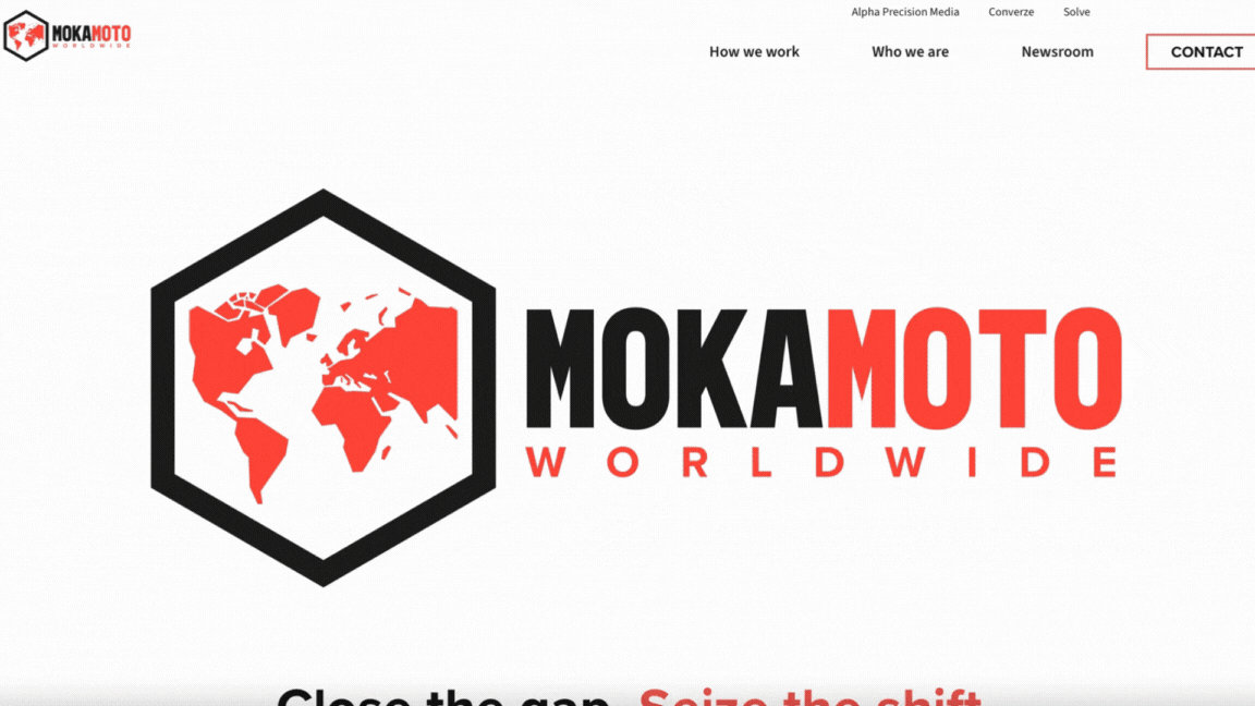 Animated logo for Moka Moto Worldwide showing different logo variations transitioning across the screen, featuring hexagons, stylized MW letters, world maps, and bold typography in red and black