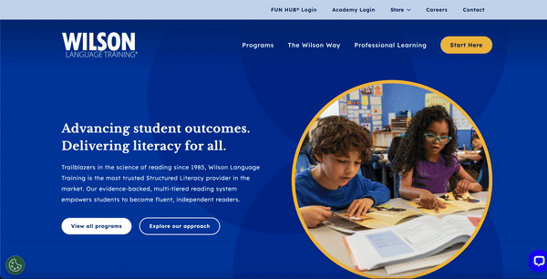 Animated GIF of the Wilson Language Training homepage showing two children reading, with navigation elements and text appearing dynamically.