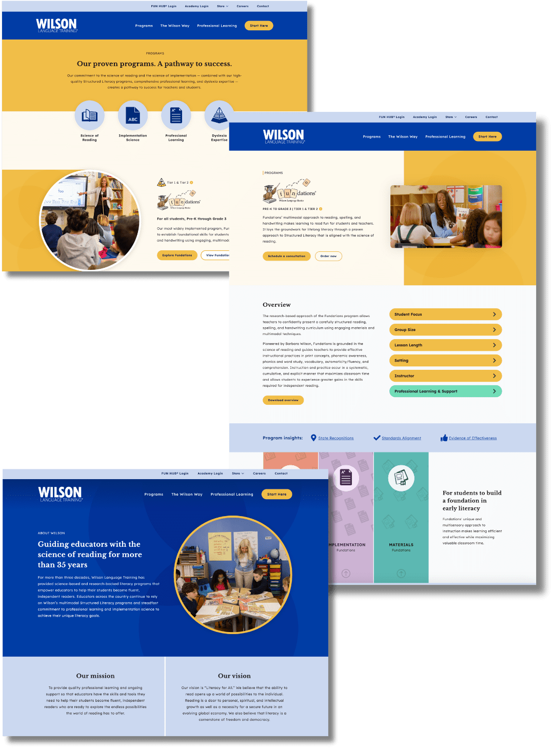 Collage of Wilson Language Training website pages featuring program details, educator support, and literacy resources. Designs include sections with yellow, blue, and white backgrounds, photos of students and teachers in classroom settings, and informational graphics about Structured Literacy and program pillars.