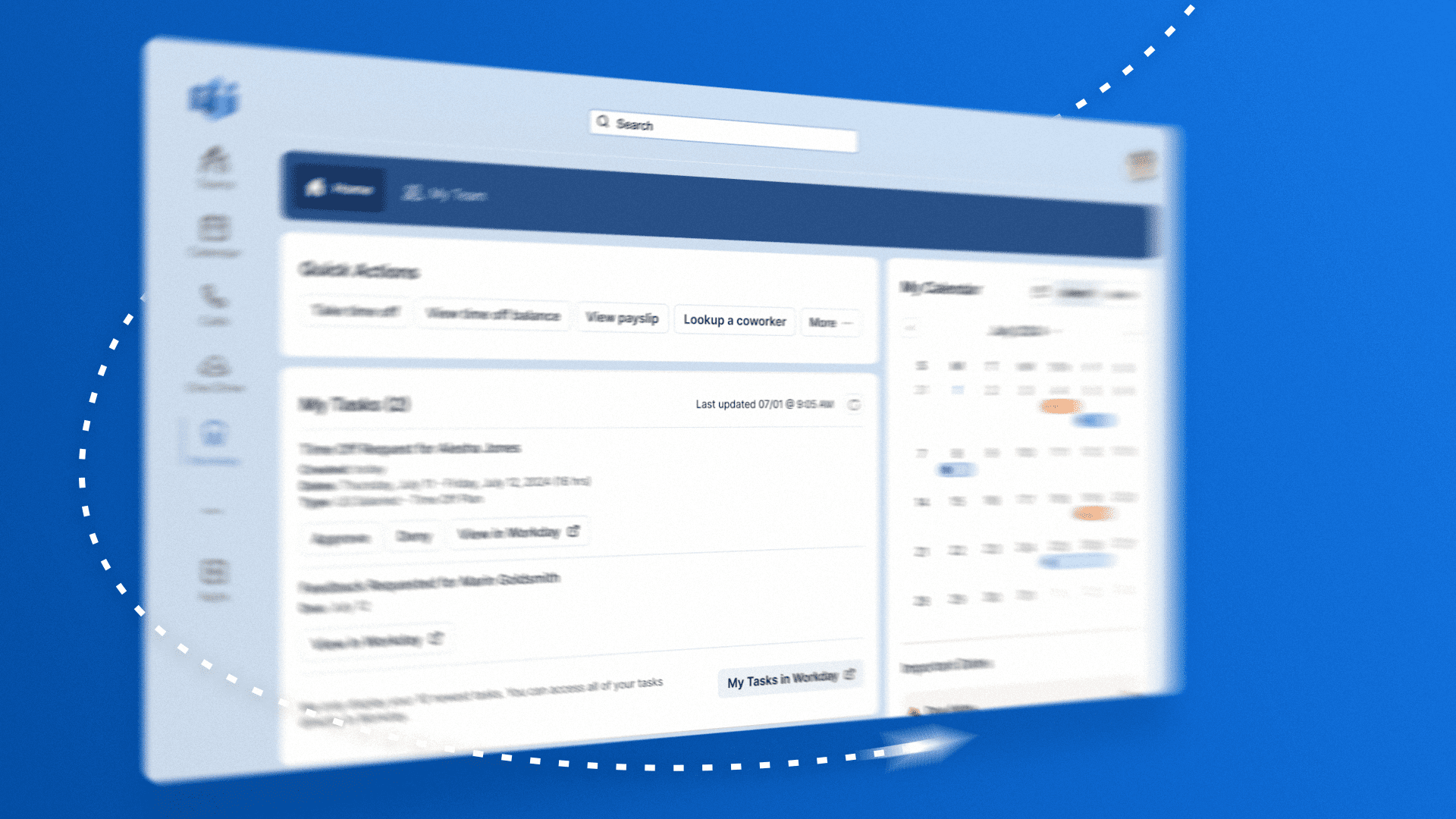 This image features a blurred interface of a team collaboration platform with a focus on a dashboard showing quick actions, tasks, and a calendar view. The surrounding background is a bold blue, and a dotted white arrow curves upward across the scene, suggesting progress and ease of navigation through tasks.