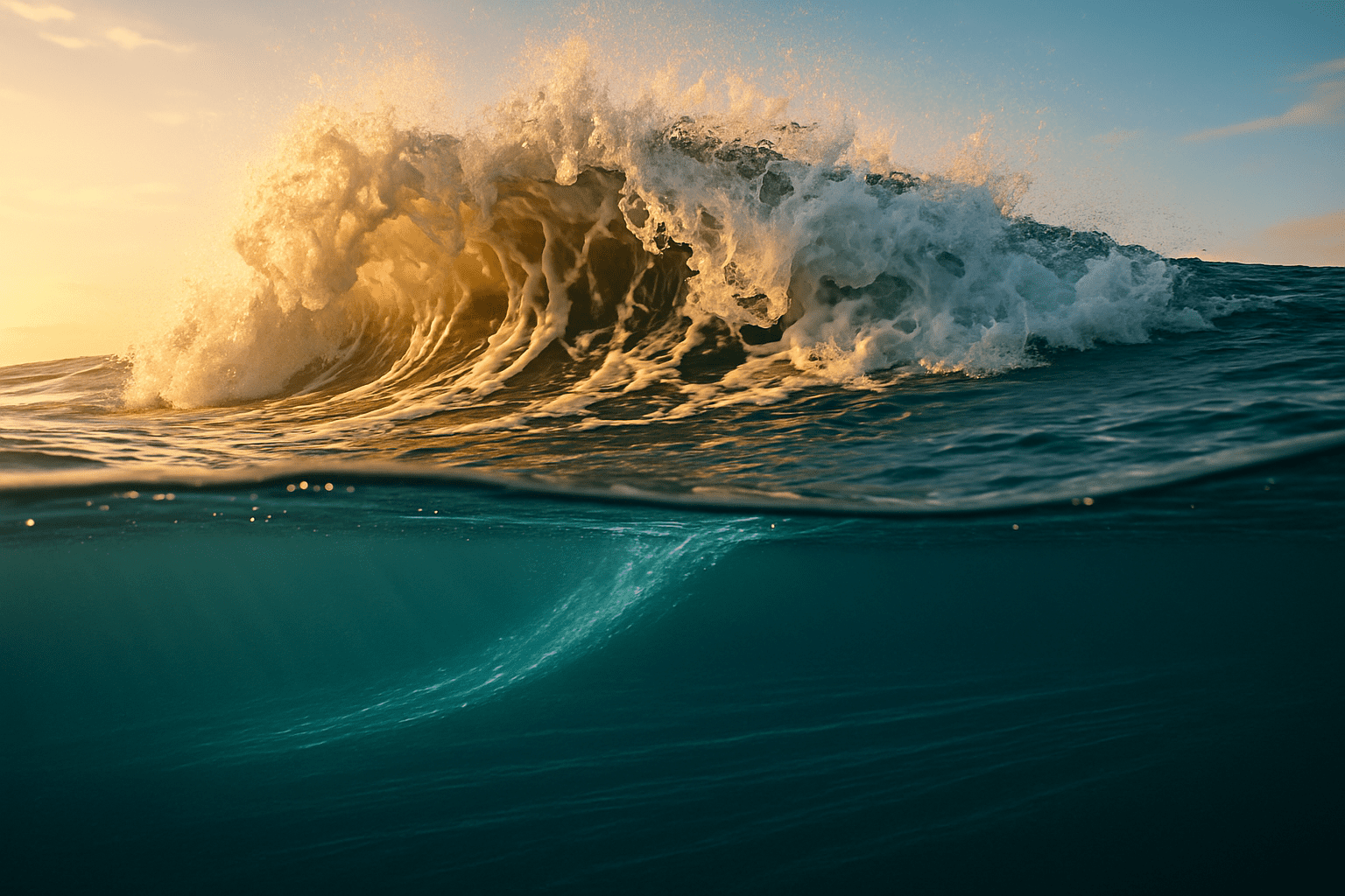 A split-level ocean image.Above the surface: a dramatic golden hour wave breaking with expressive, swirling foam. Below the surface: a deep, linear underwater current flows with structured precision.