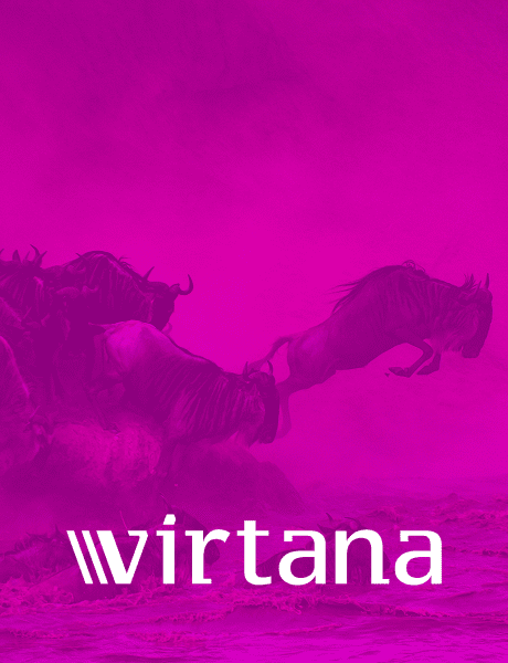 A magenta-tinted image of wildebeests crossing a river, with one mid-air in a leap. The foreground features the Virtana logo in white, with stylized slashes before the company name in modern sans-serif type.