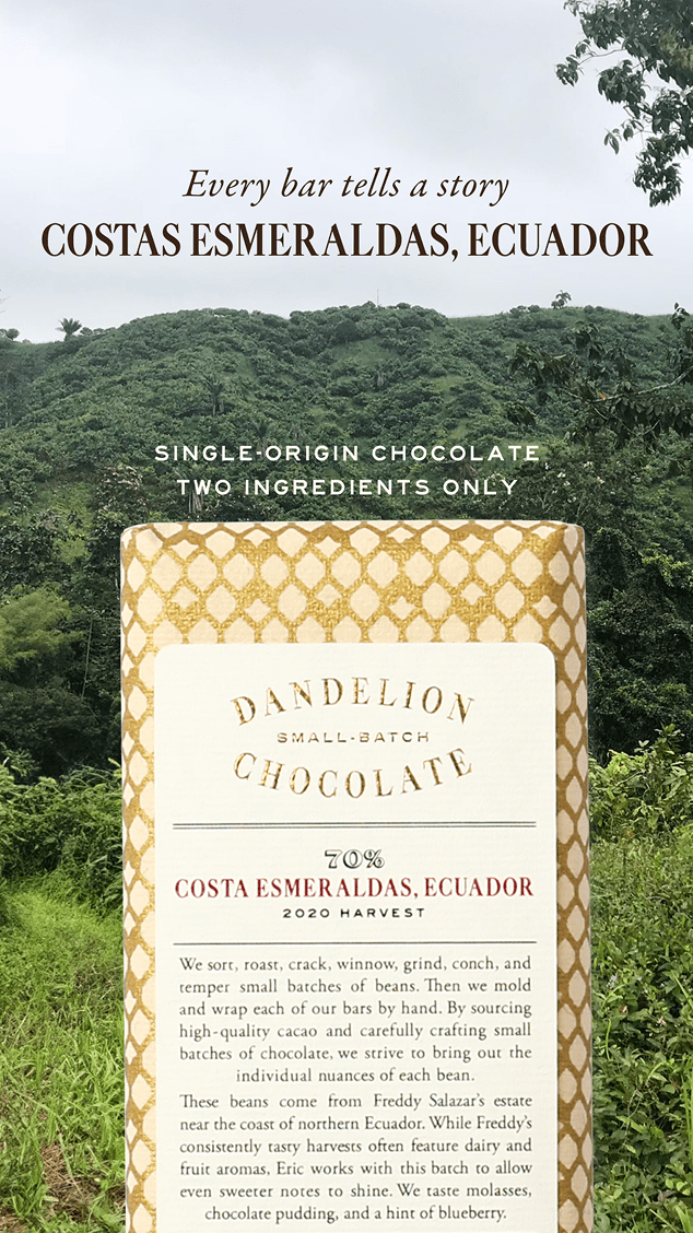 Dandelion Chocolate bar wrapper with "Costas Esmeraldas, Ecuador" text