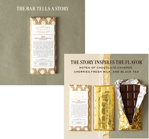 Dandelion Chocolate bar with 70% Zorzal, Dominican Republic beans, and tasting notes.